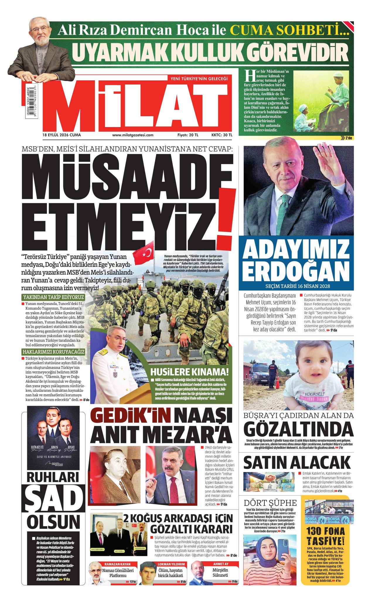 Milat Gazetesi gazetesi manşeti