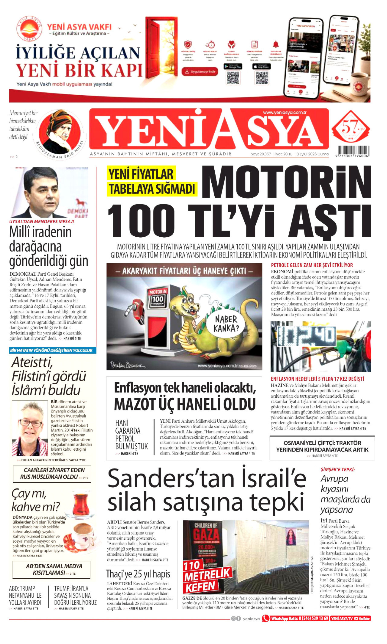 Yeni Asya Gazetesi gazetesi manşeti