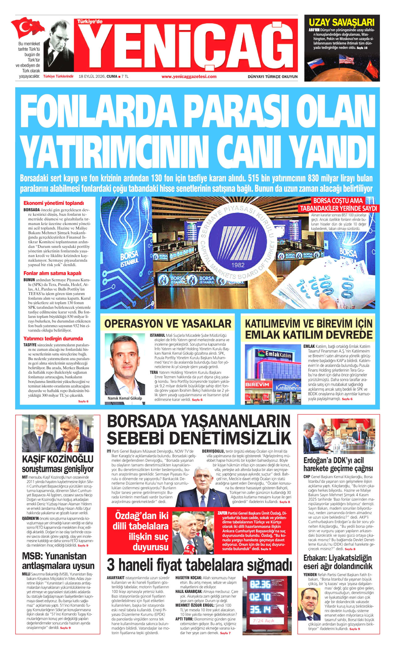 Yeniçağ Gazetesi gazetesi manşeti